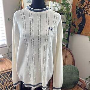 Vintage Fred Perry Ivory & Blue Cable Knit Pullover Preppy Hamptons Crew Sweater